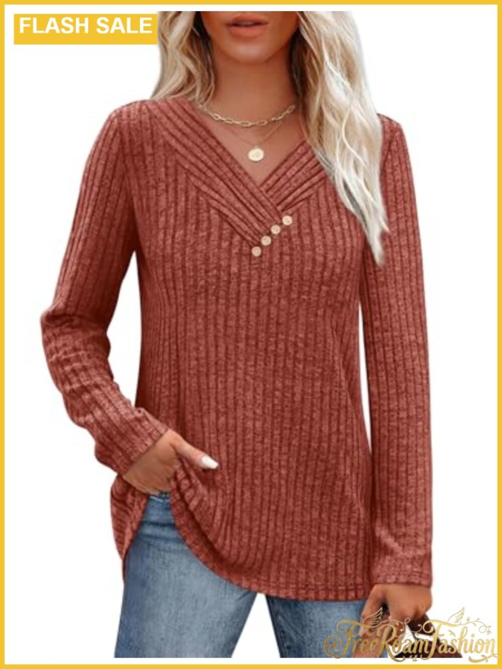 Sampeel Women's V-Neck Long Sleeve Tunic Sweater with Buttons